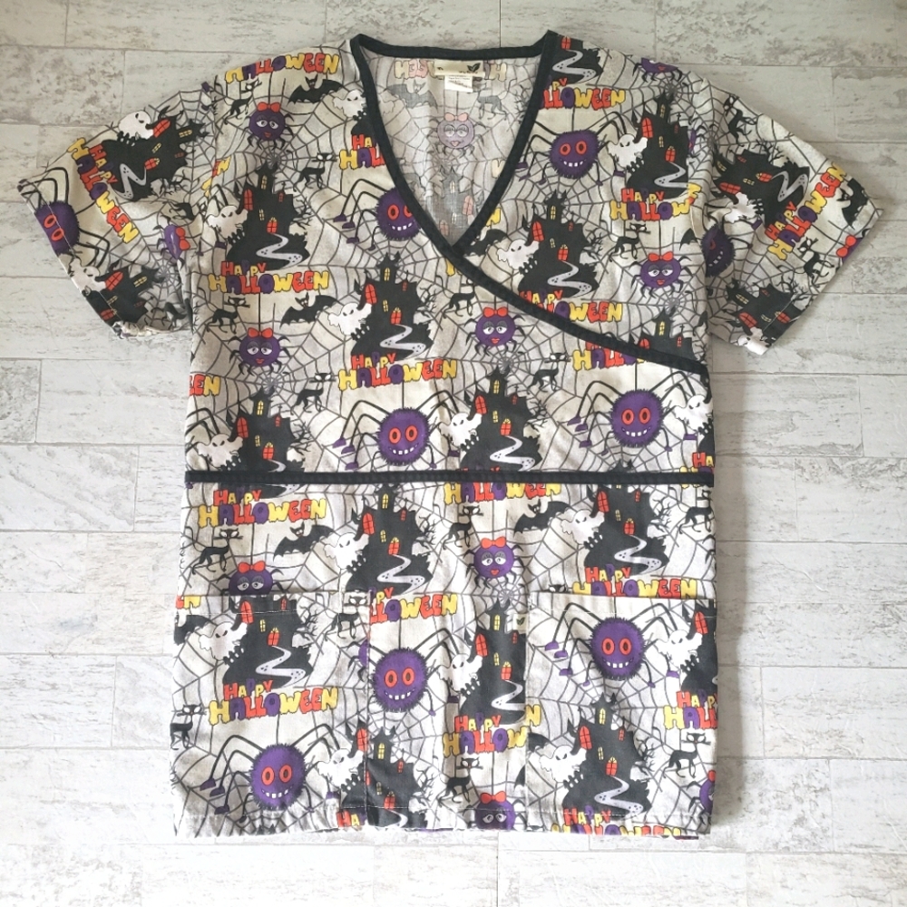 Halloween Scrub Top Ghosts, Spiders, Haunted House